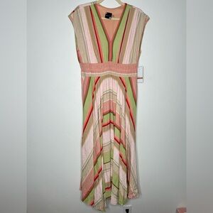 NWT Maison Tara Striped V-Neck Maxi Dress in Pink Green & Coral Size 12 Summer